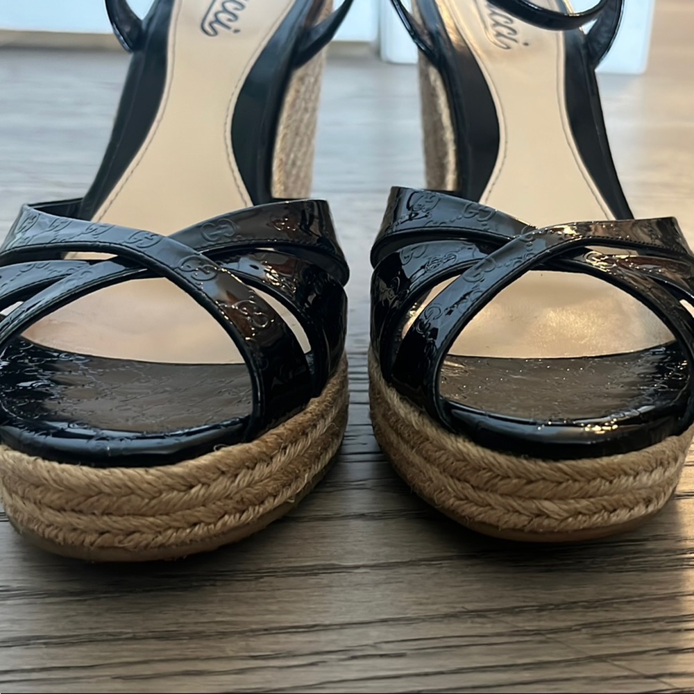 Gucci Microguccissima Black Patent logo Leather Espadrille Wedges - Picture 7 of 7